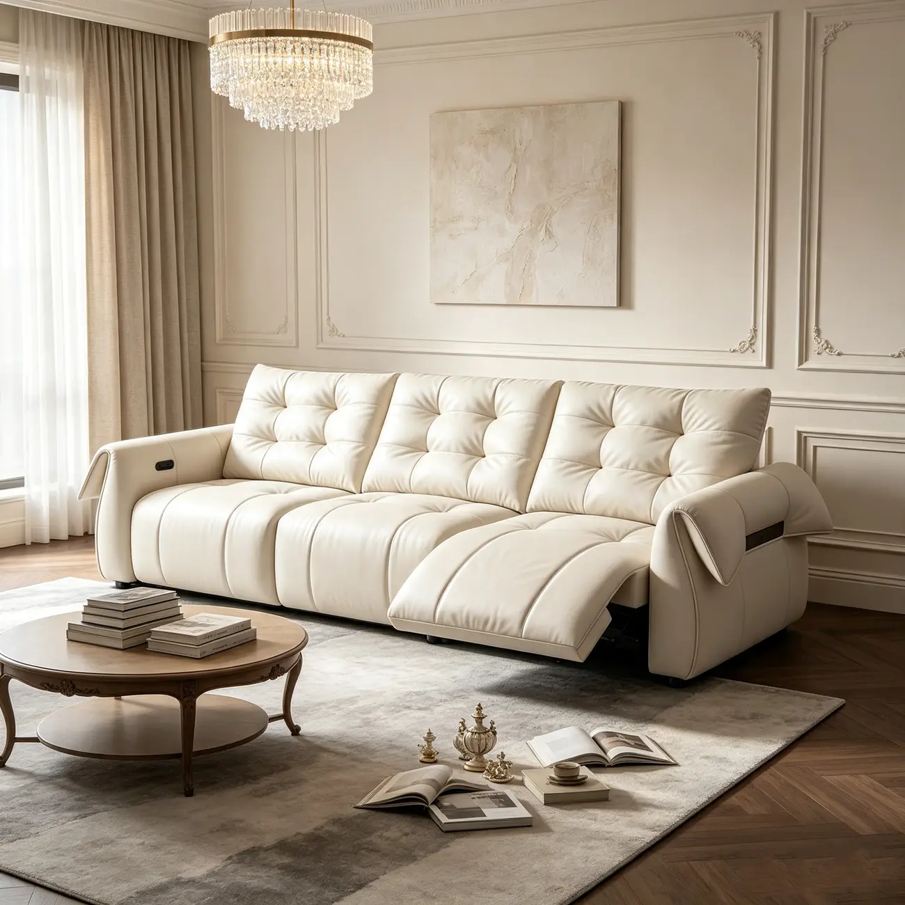 Modern Top-Grain Leather Power Reclining Sofa with Independent Footrest Control Image - 2 | homeyfad