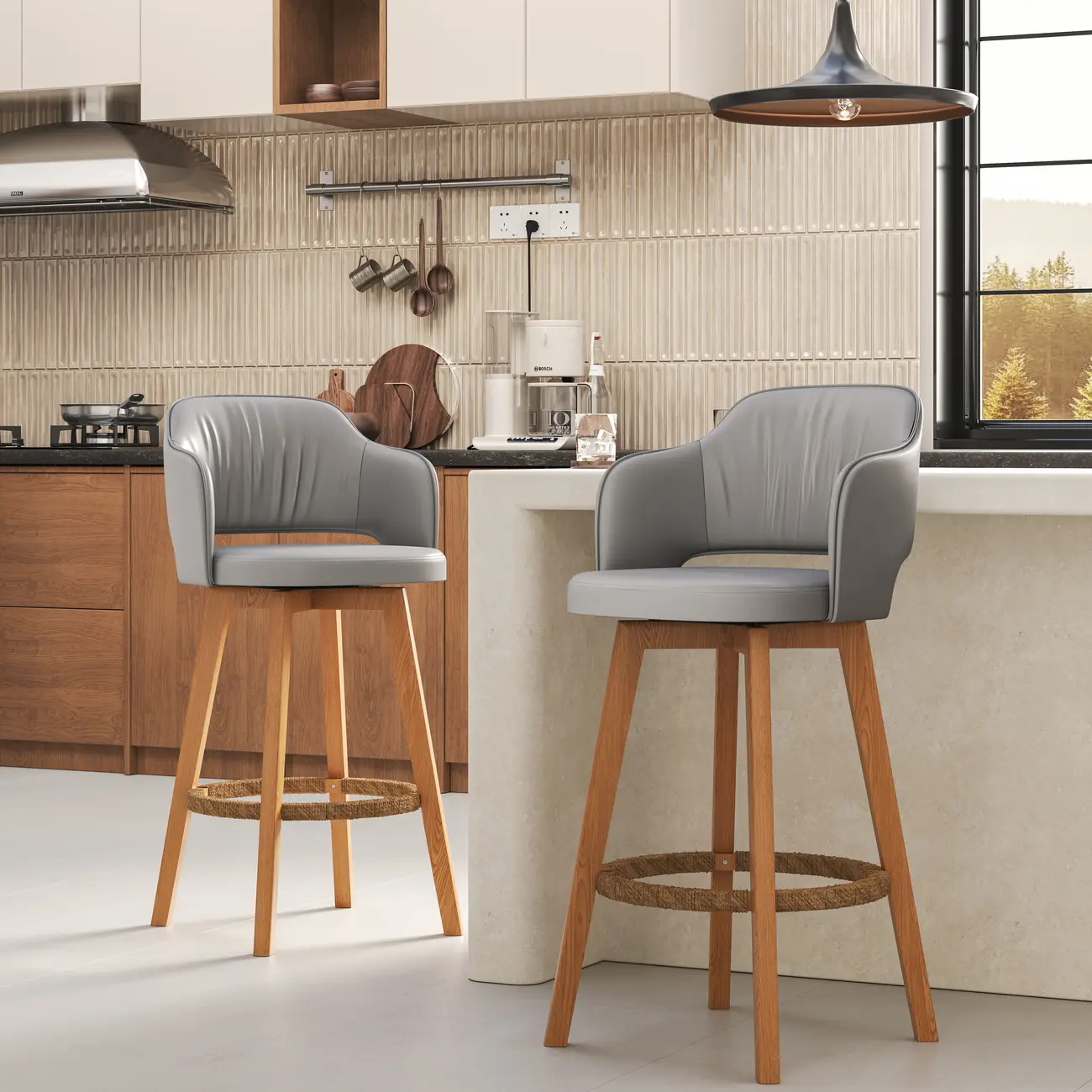 Swivel Faux Leather Counter & Bar Stool with Footrest Image - 12 | homeyfad