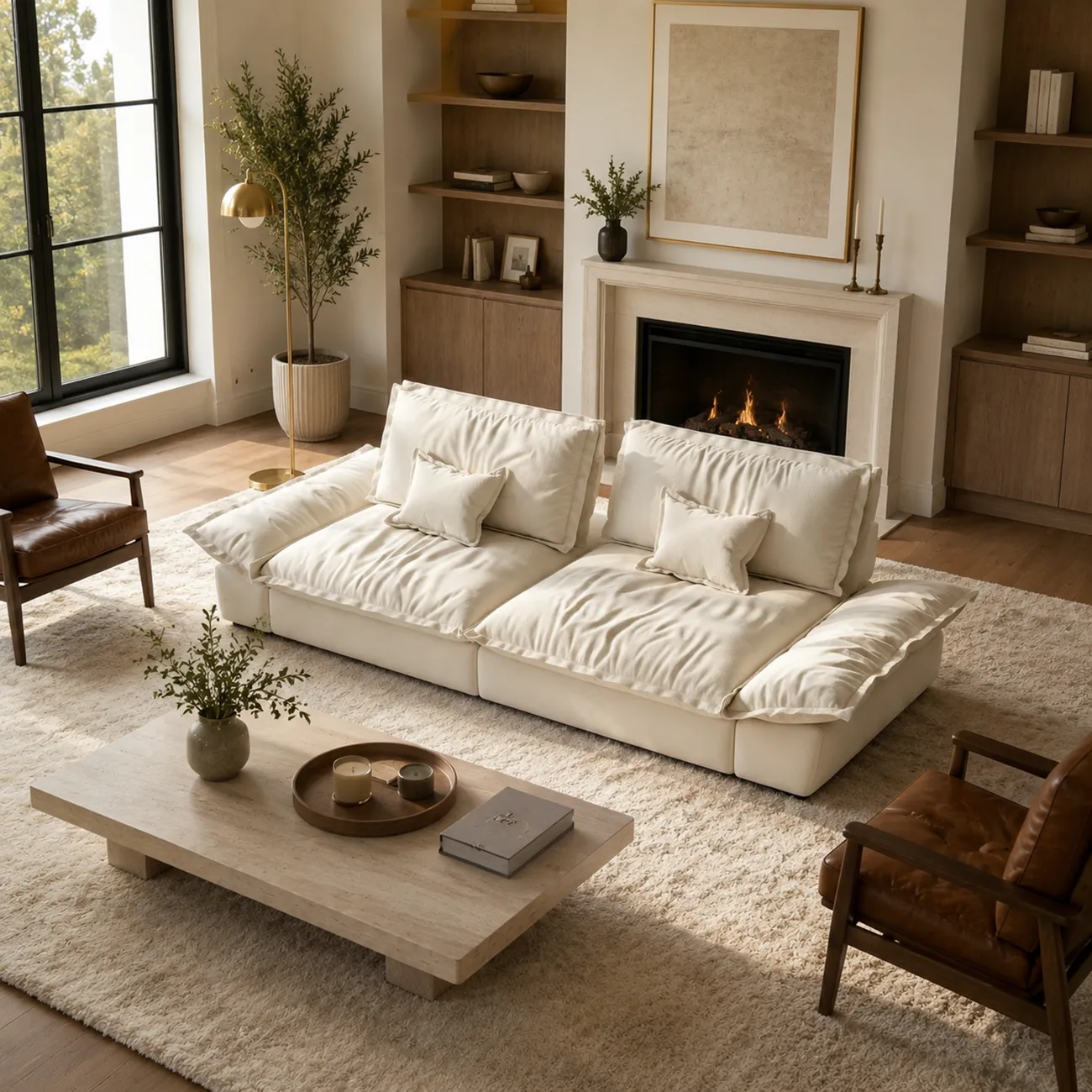 Beige Low-profile Cloud Sofa With Adjustable Backrest And Pillows Image - 8 | homeyfad