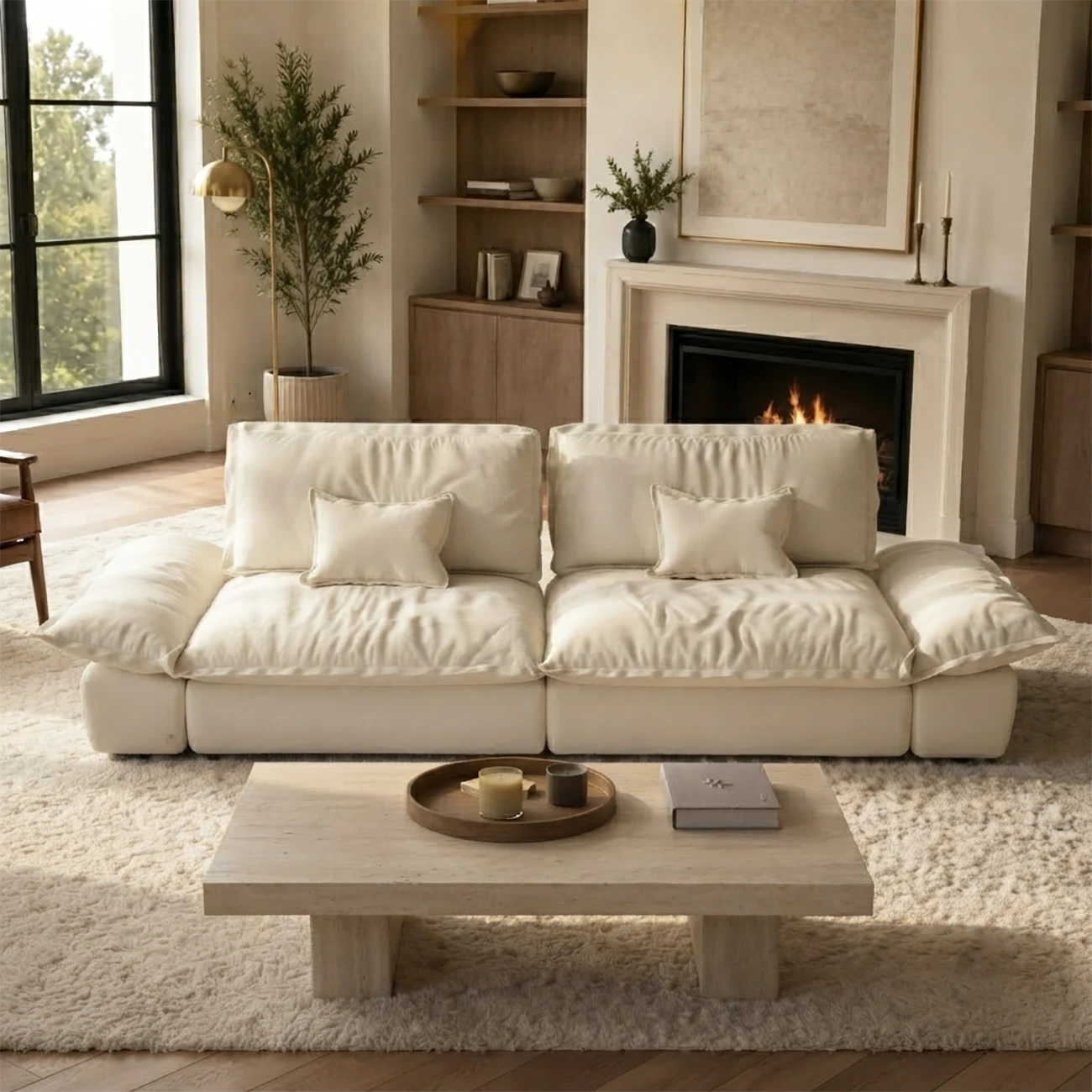Beige Low-profile Cloud Sofa With Adjustable Backrest And Pillows Image - 10 | homeyfad