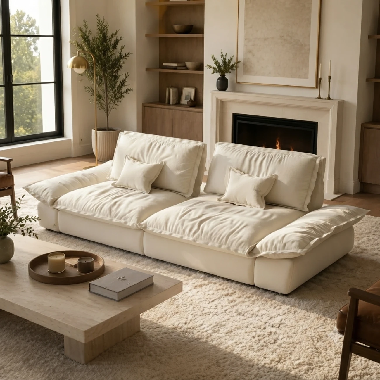 Beige Low-profile Cloud Sofa With Adjustable Backrest And Pillows Image - 1 | homeyfad
