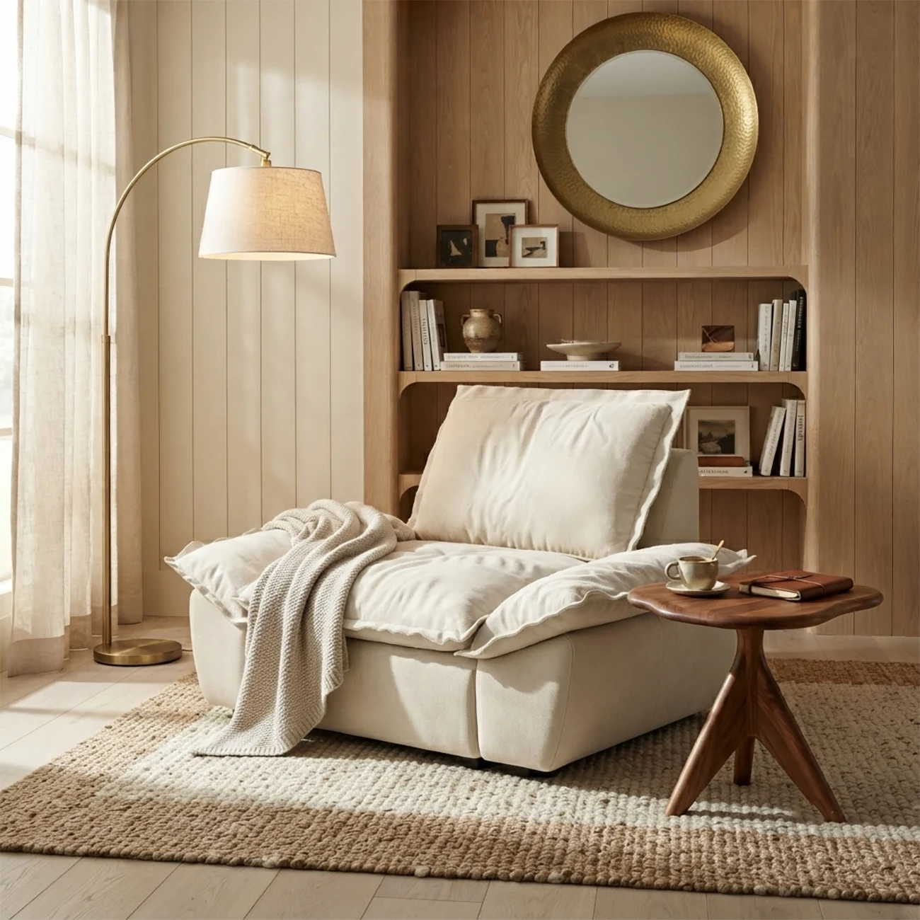 Beige Low-profile Cloud Sofa With Adjustable Backrest And Pillows Image - 11 | homeyfad