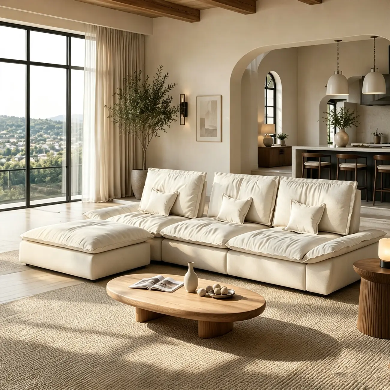 Beige Low-profile Cloud Sofa With Adjustable Backrest And Pillows Image - 7 | homeyfad
