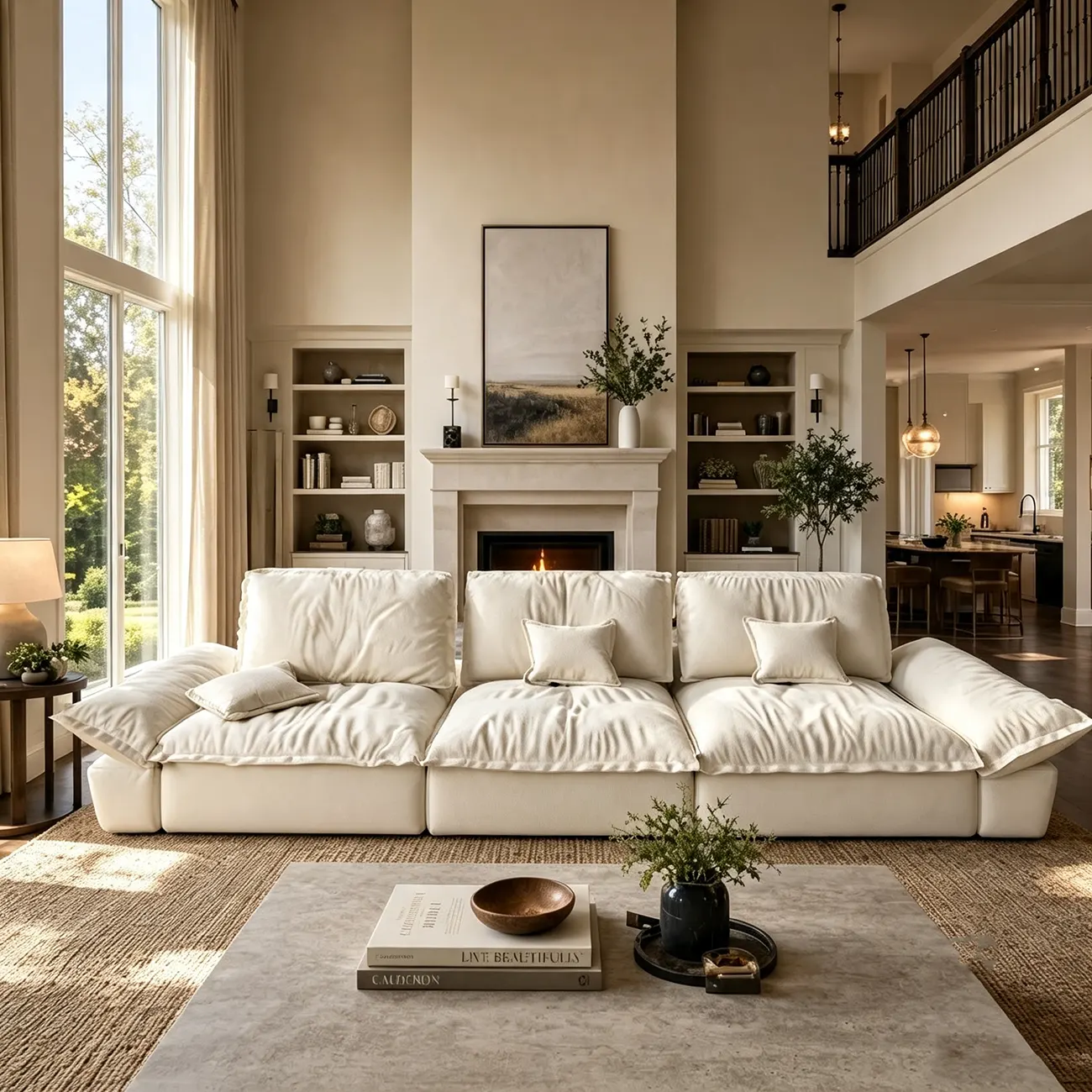 Beige Low-profile Cloud Sofa With Adjustable Backrest And Pillows Image - 12 | homeyfad