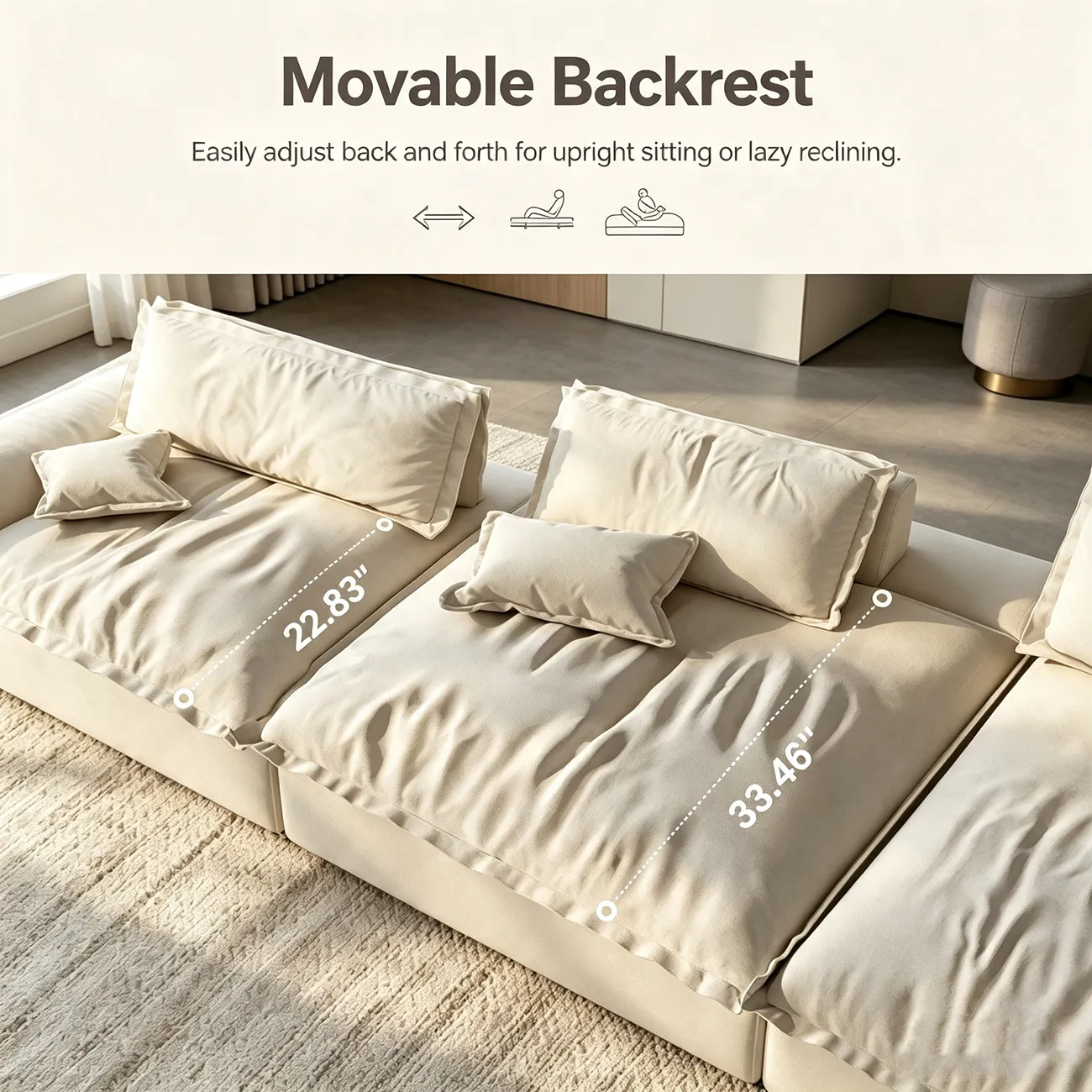 Beige Low-profile Cloud Sofa With Adjustable Backrest And Pillows Image - 4 | homeyfad