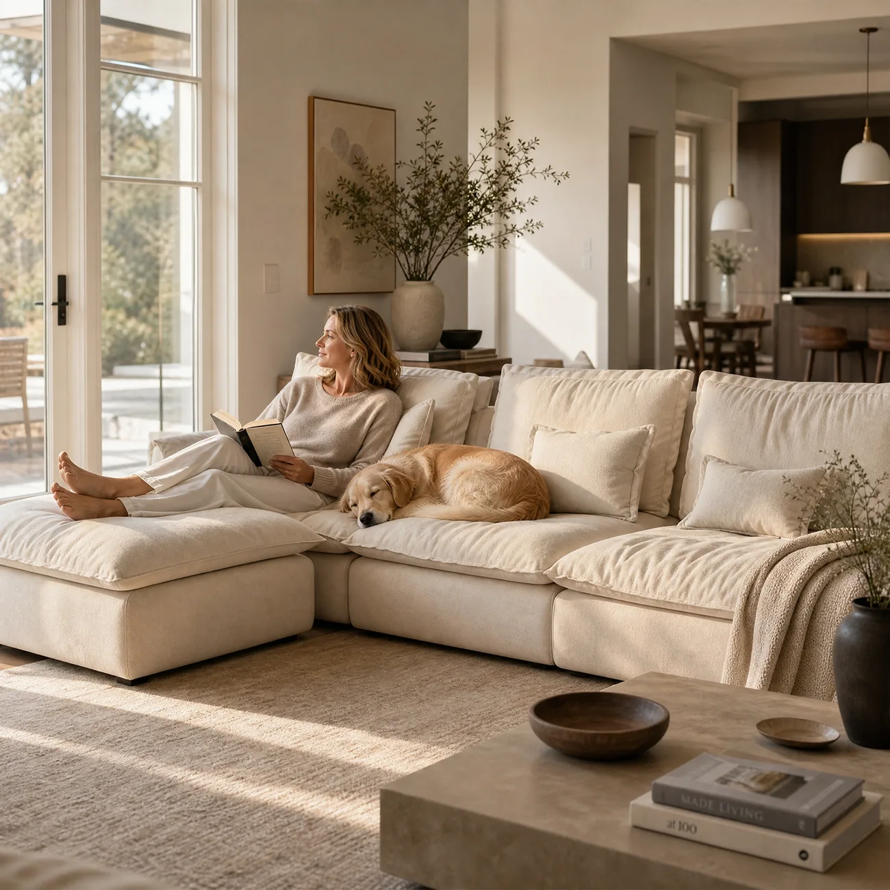 Beige Low-profile Cloud Sofa With Adjustable Backrest And Pillows Image - 5 | homeyfad