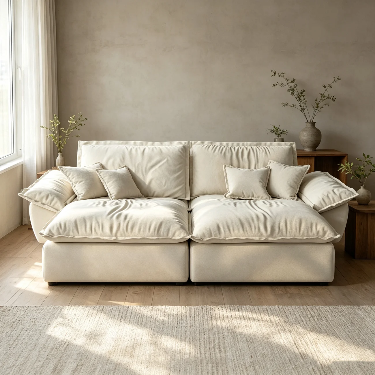 Beige Low-profile Cloud Sofa With Adjustable Backrest And Pillows Image - 13 | homeyfad
