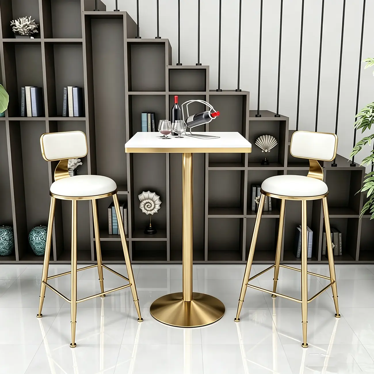 Small Round Golden Base Bar Table Stone Top 2 Seat Image - 2 | homeyfad
