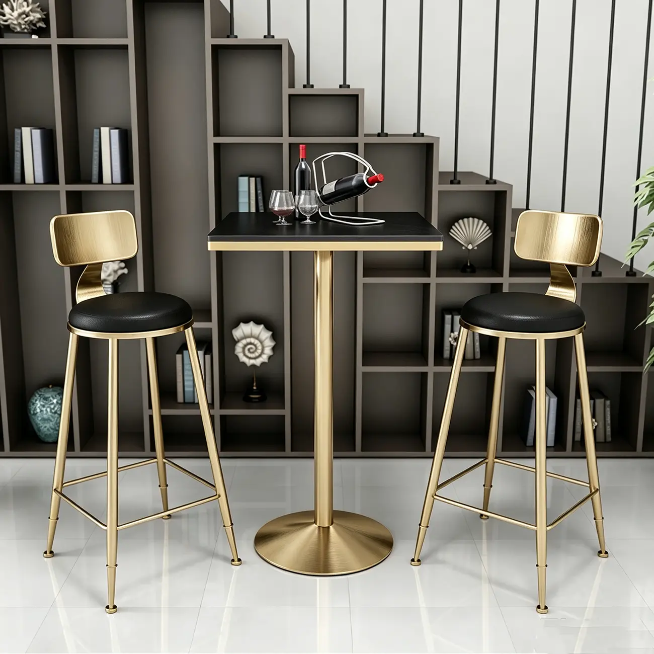 Small Round Golden Base Bar Table Stone Top 2 Seat Image - 4 | homeyfad