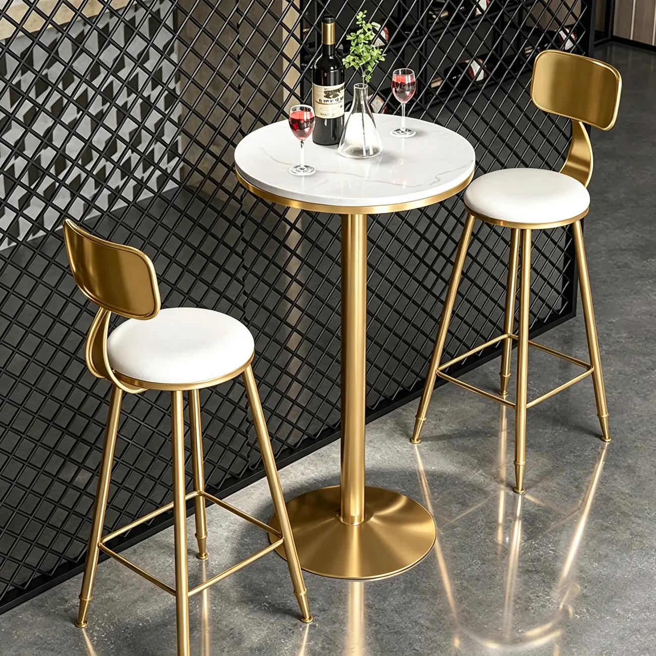 Small Round Golden Base Bar Table Stone Top 2 Seat Image - 3 | homeyfad