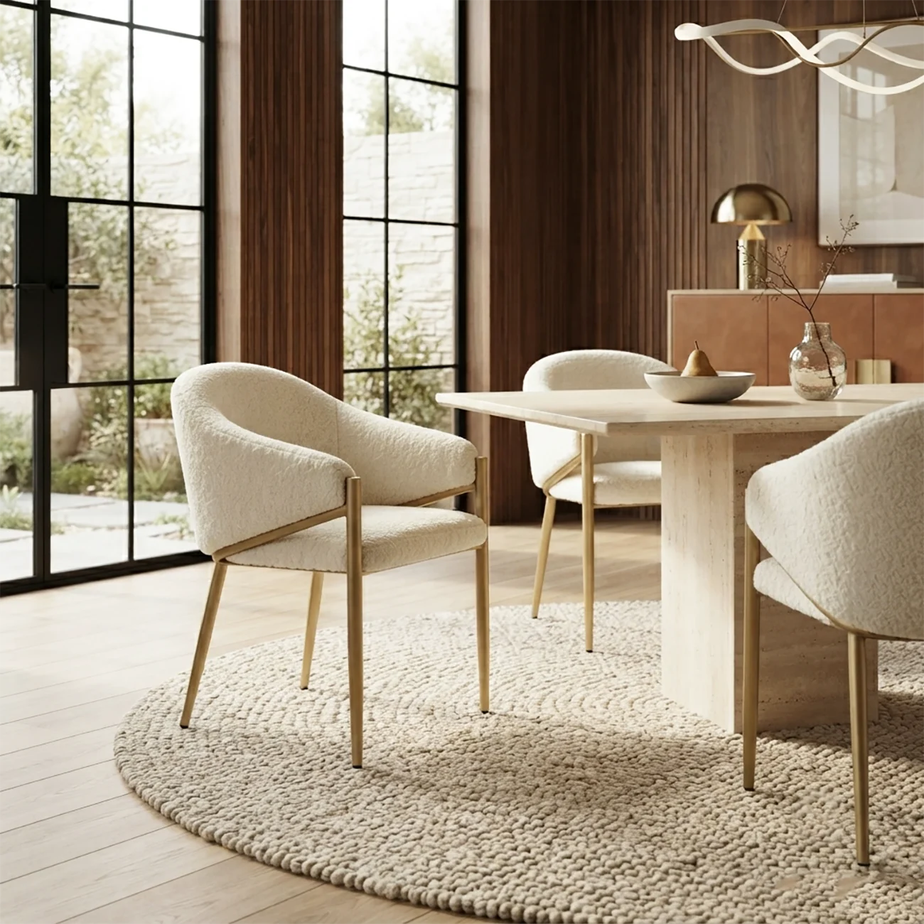 Contemporary Boucle Upholstered Dining Chair With Gold Finish Image - 5 | homeyfad
