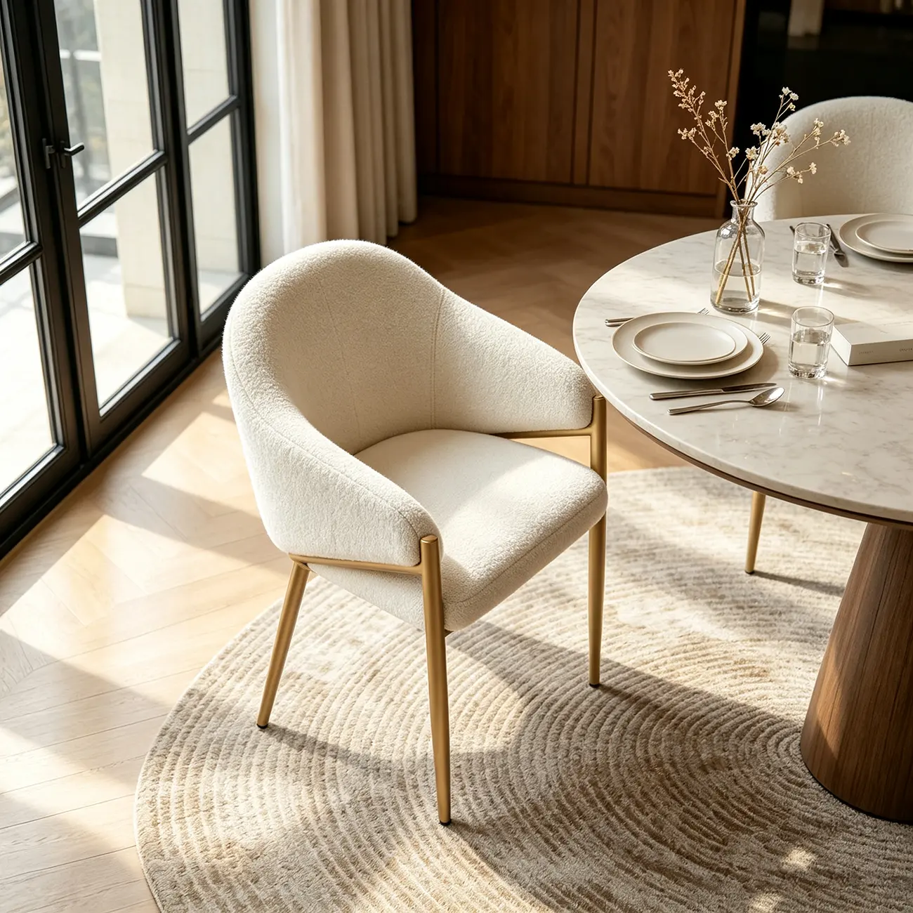 Contemporary Boucle Upholstered Dining Chair With Gold Finish Image - 2 | homeyfad