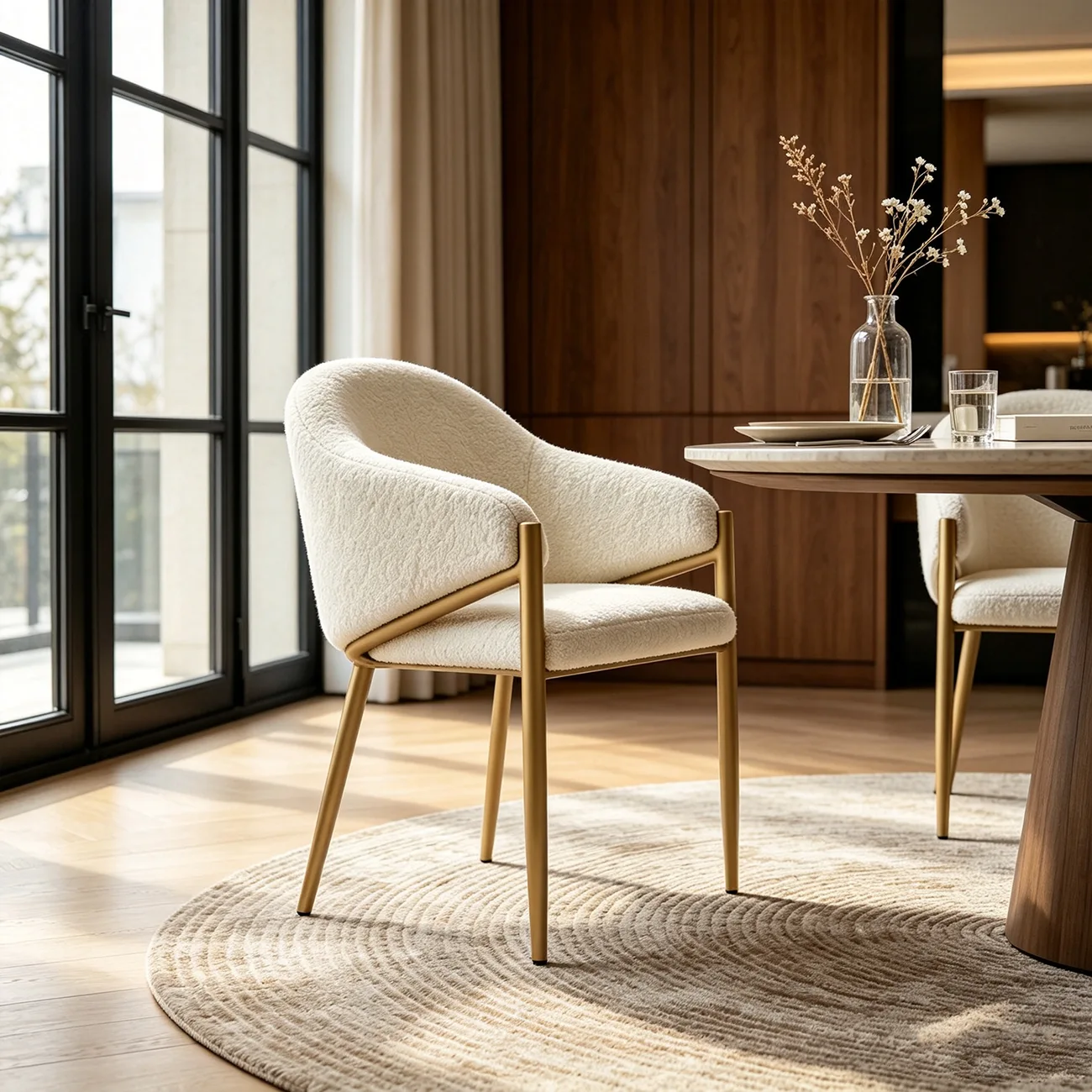 Contemporary Boucle Upholstered Dining Chair With Gold Finish Image - 1 | homeyfad