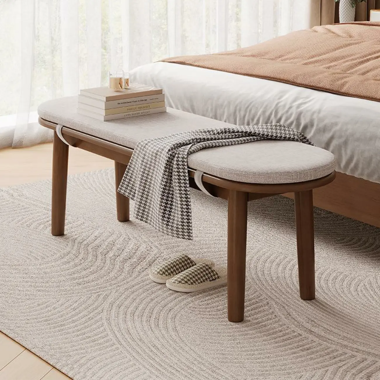 Art Deco Natural Wood Solid Color Bench with Straight Legs Image - 1 | homeyfad