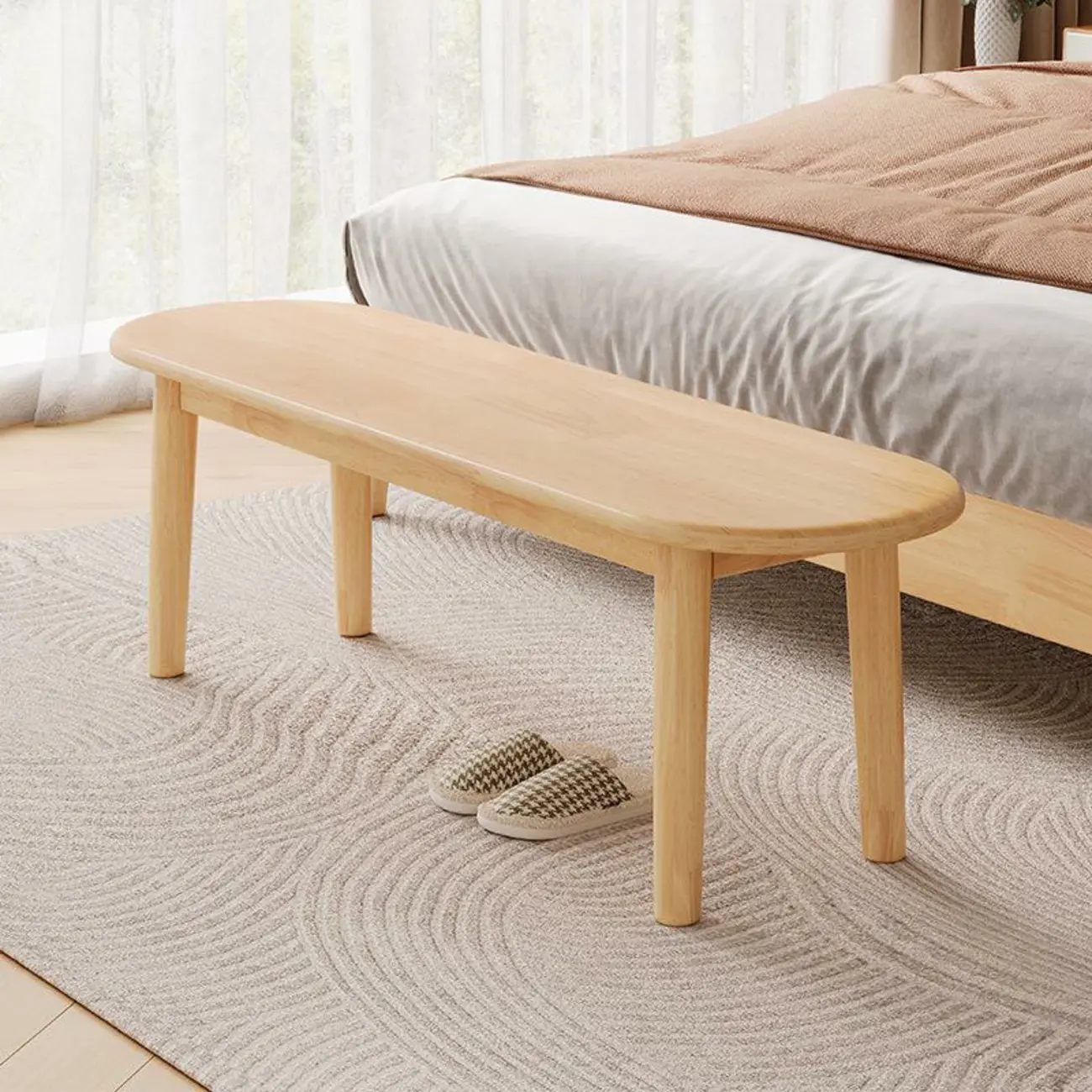 Art Deco Natural Wood Solid Color Bench with Straight Legs Image - 2 | homeyfad
