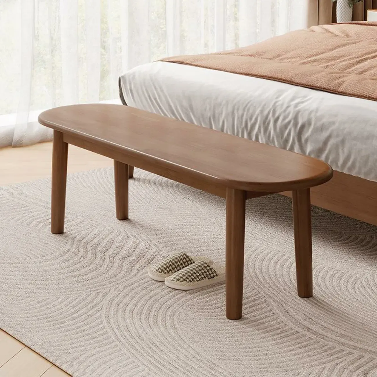 Art Deco Natural Wood Solid Color Bench with Straight Legs Image - 4