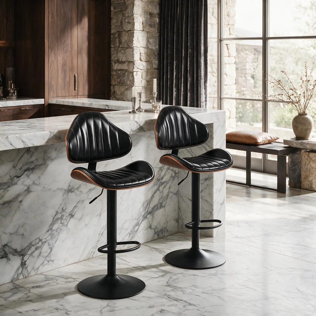 Modern Curved Bentwood Adjustable Swivel Bar Stools Set of 2 Image - 4 | homeyfad