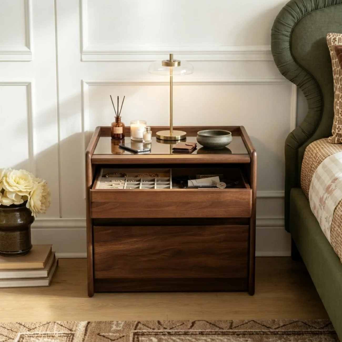 Modern Solid Wood Nightstand with Glass Display & Storage Image - 2 | homeyfad