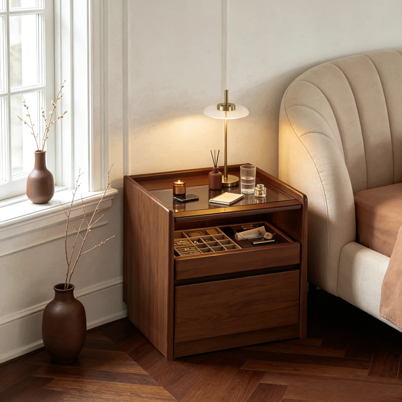 Modern Solid Wood Nightstand with Glass Display & Storage Image - 4 | homeyfad