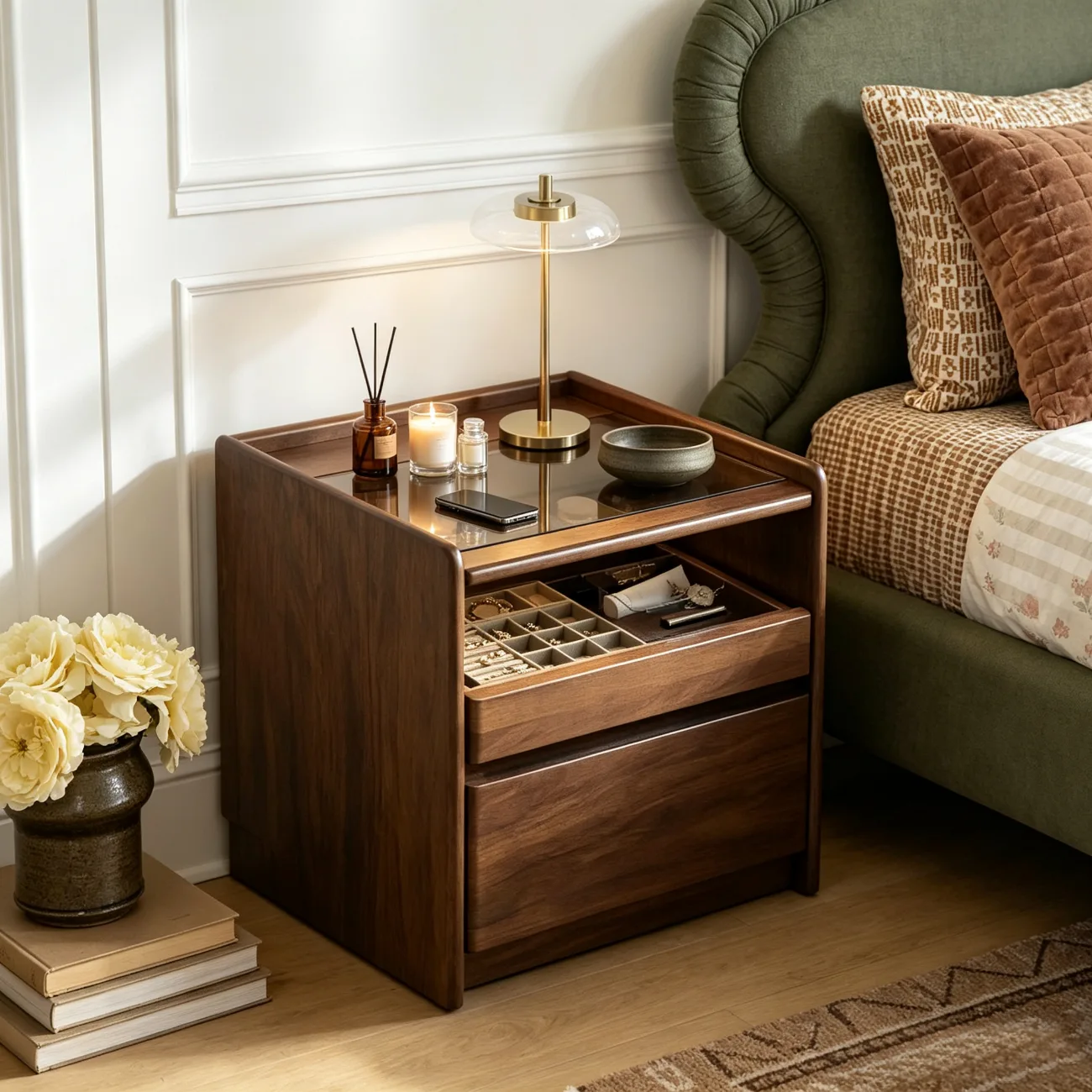 Modern Solid Wood Nightstand with Glass Display & Storage Image - 3 | homeyfad