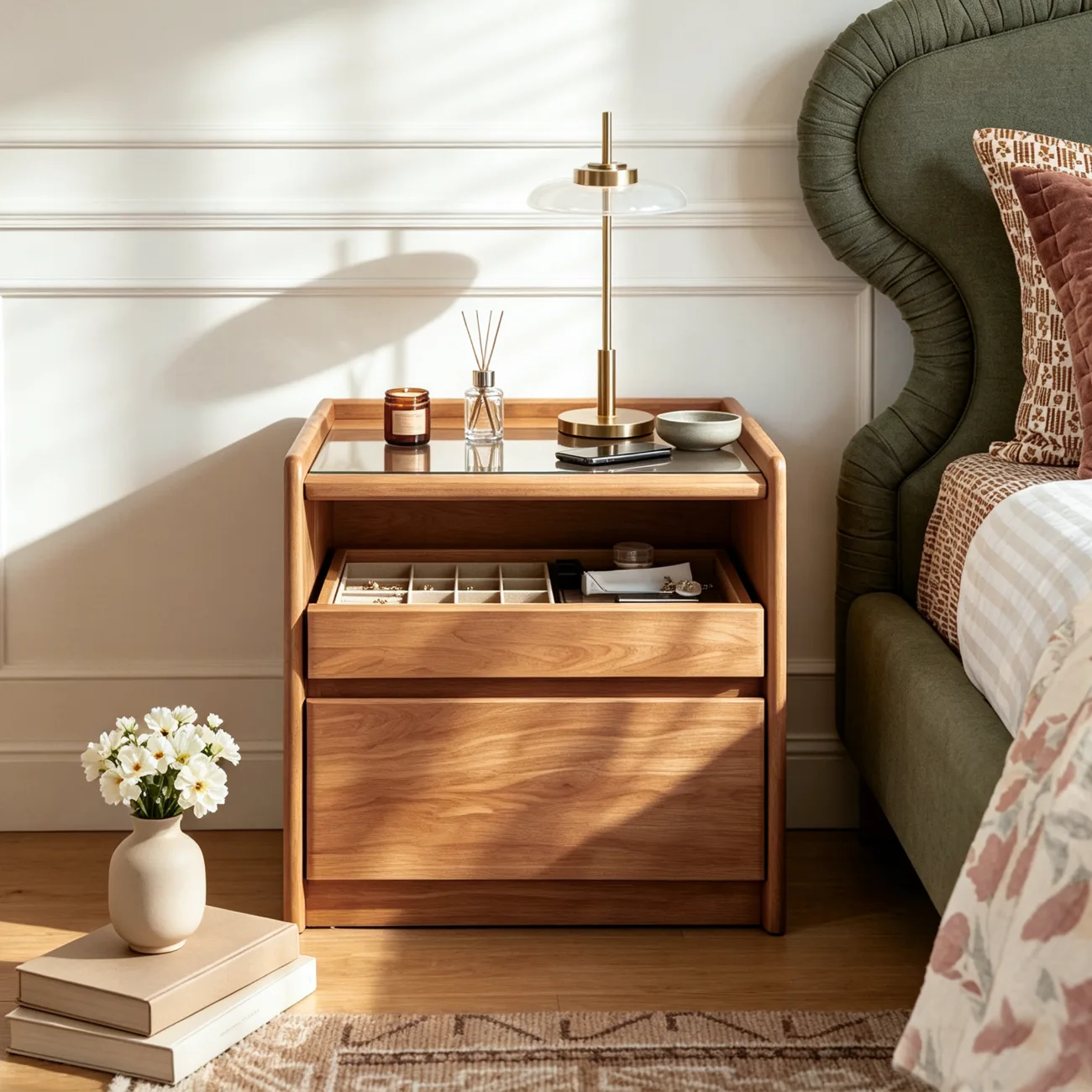 Modern Solid Wood Nightstand with Glass Display & Storage Image - 1 | homeyfad