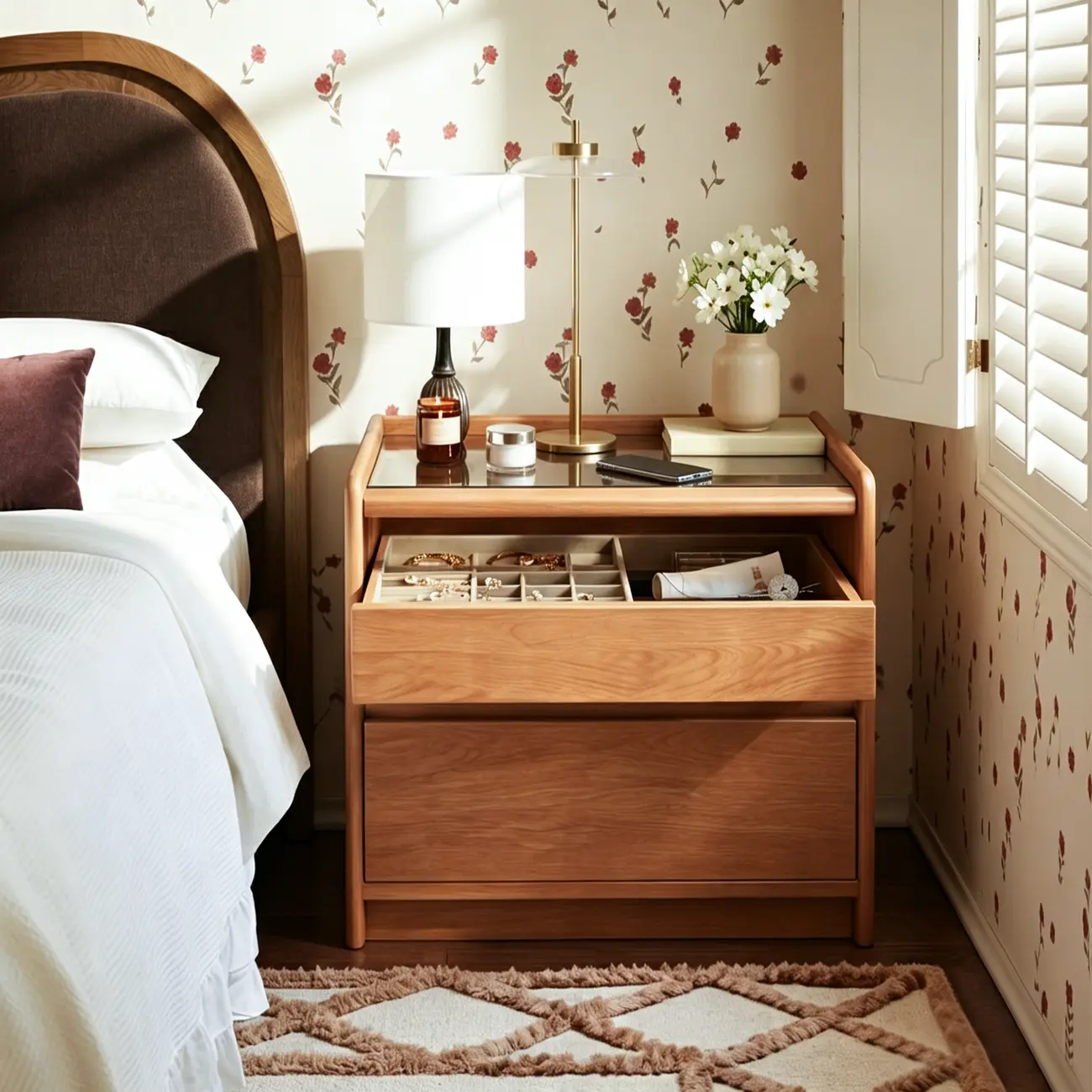 Modern Solid Wood Nightstand with Glass Display & Storage Image - 6 | homeyfad