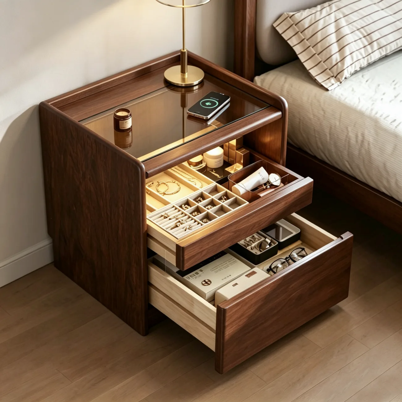 Modern Solid Wood Nightstand with Glass Display & Storage Image - 7 | homeyfad