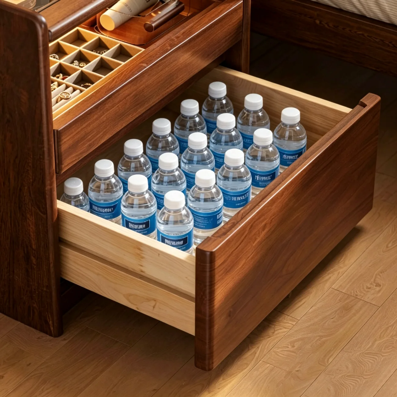 Modern Solid Wood Nightstand with Glass Display & Storage Image - 12 | homeyfad