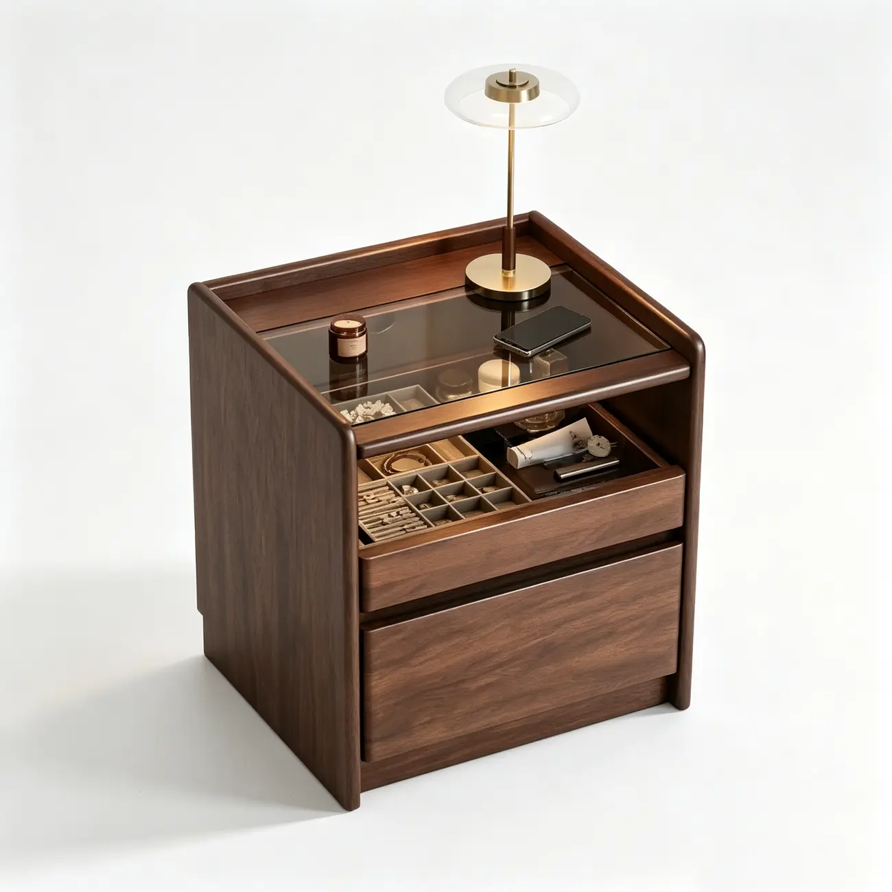 Modern Solid Wood Nightstand with Glass Display & Storage Image - 14 | homeyfad