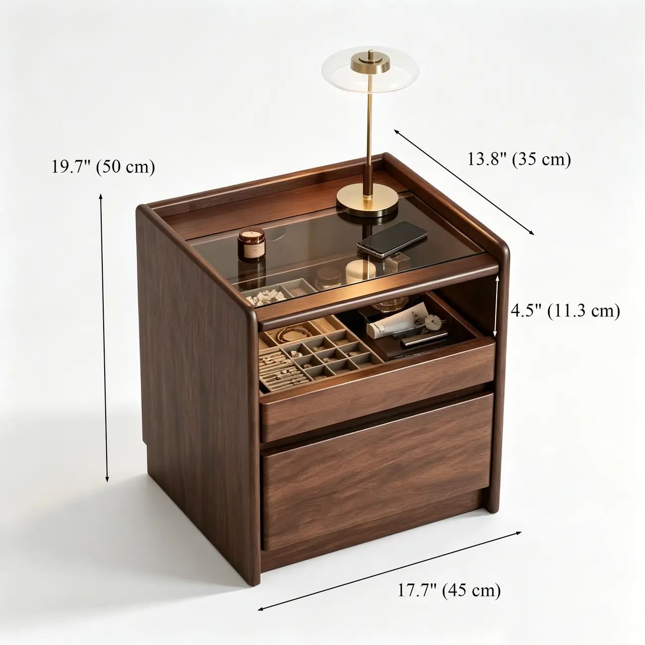 Modern Solid Wood Nightstand with Glass Display & Storage #size | homeyfad