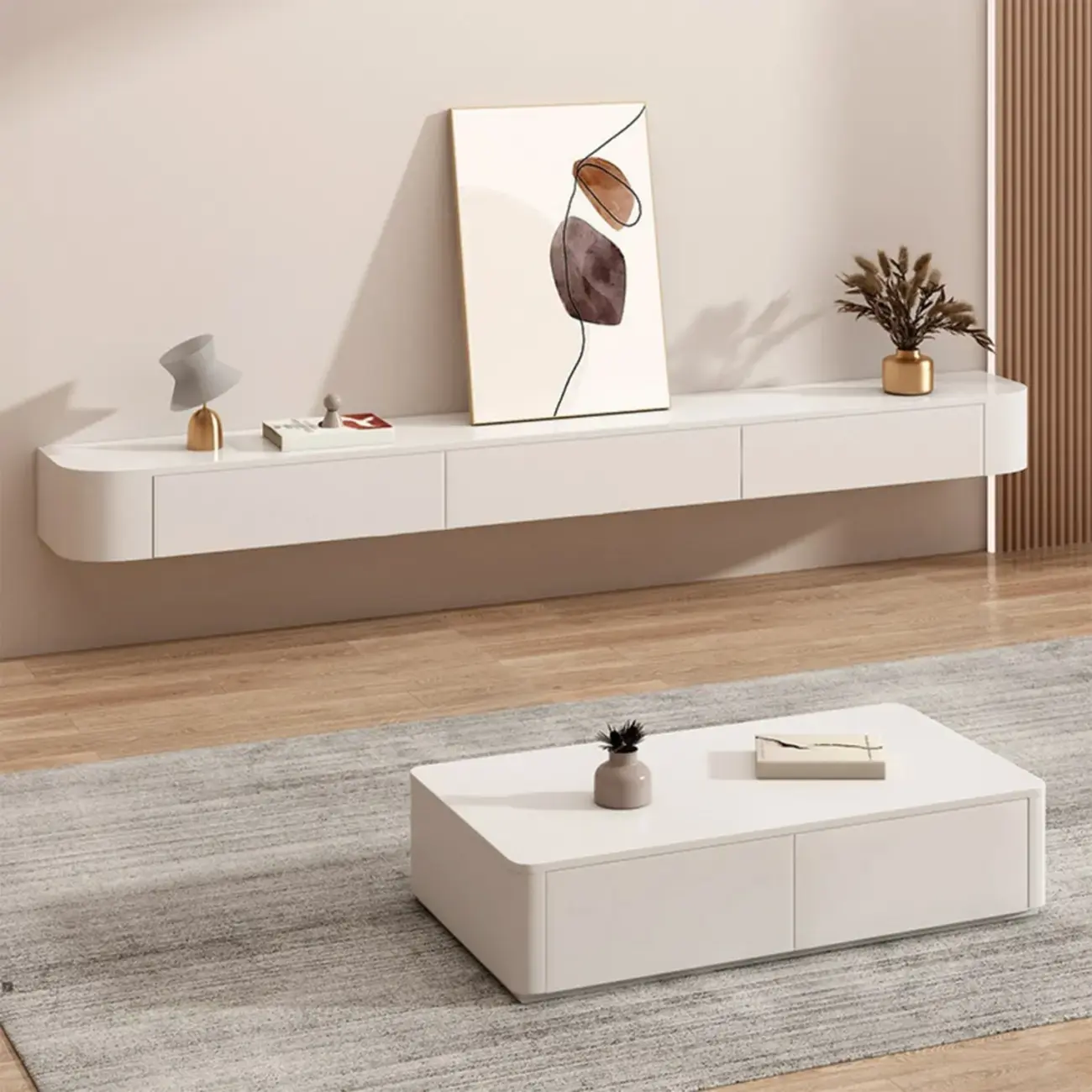 Rectangle White Solid Wood Floating TV Stand with Storage Image - 2
