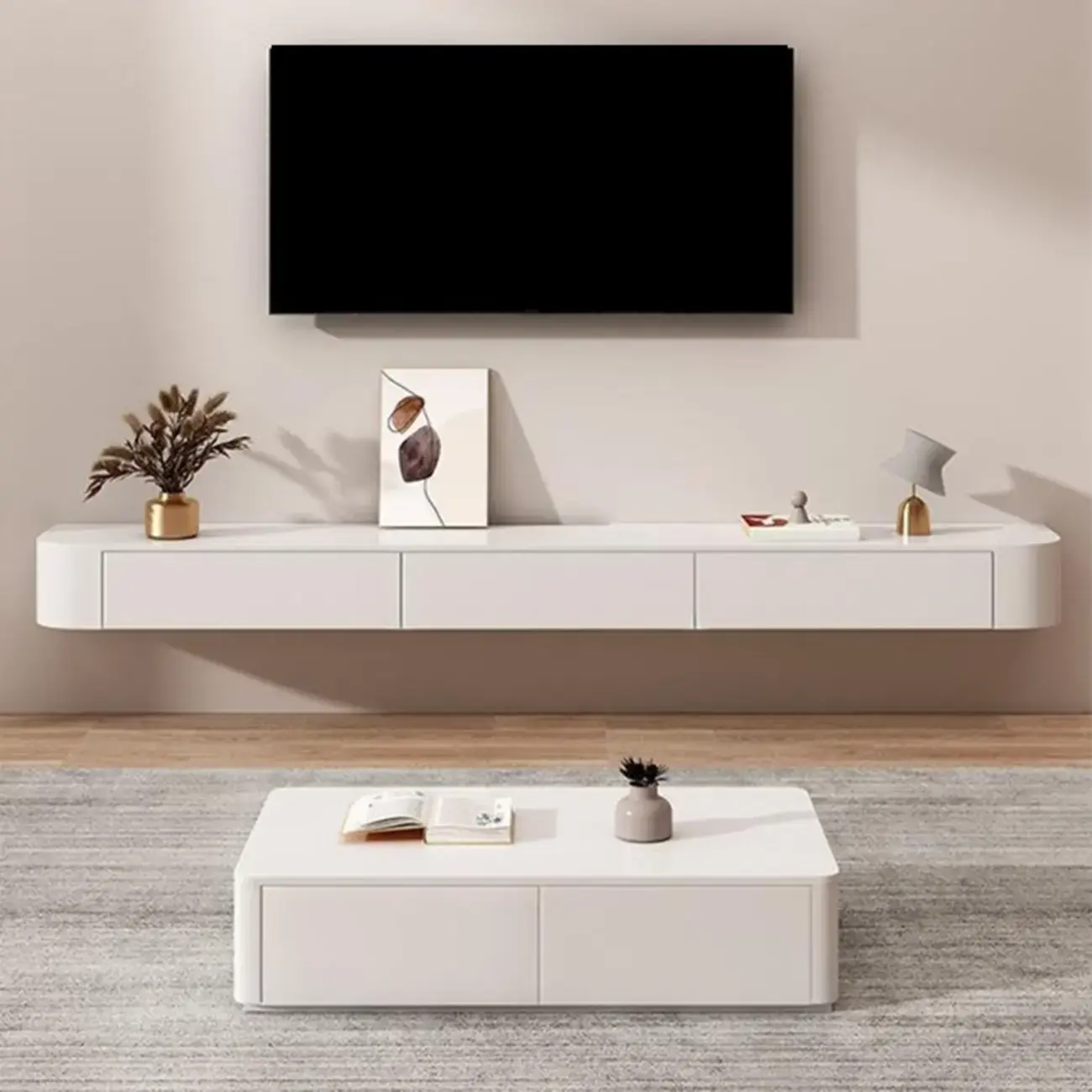 Rectangle White Solid Wood Floating TV Stand with Storage Image - 1 | homeyfad