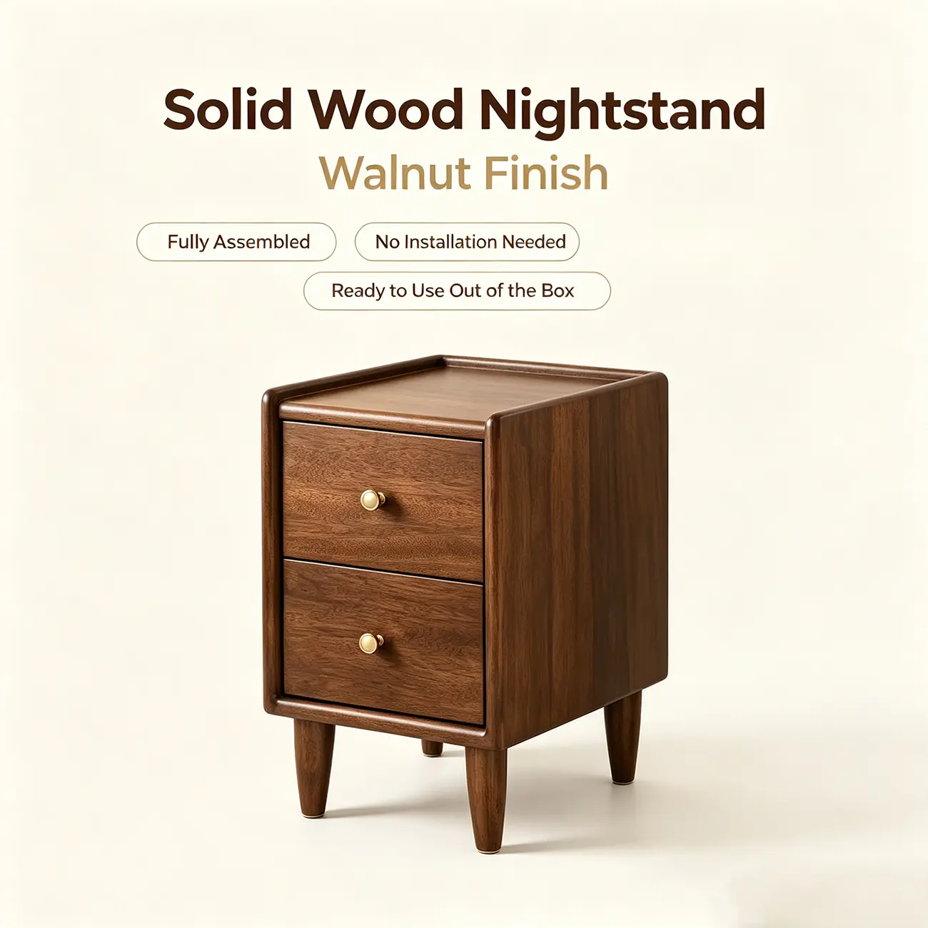 Art Deco Walnut Solid Wood Top 2 Drawer Nightstand with Legs Image - 3 | homeyfad