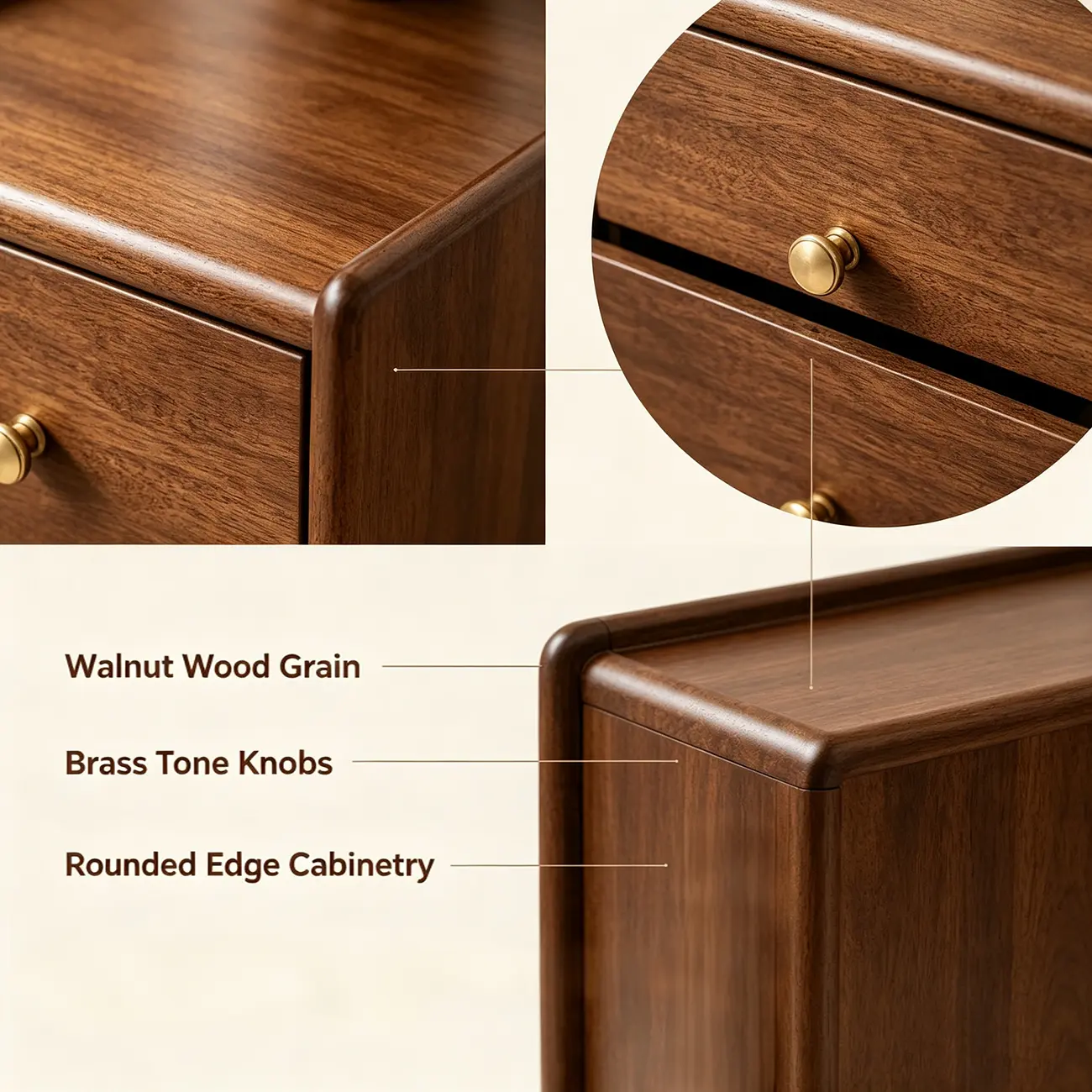 Art Deco Walnut Solid Wood Top 2 Drawer Nightstand with Legs Image - 4 | homeyfad