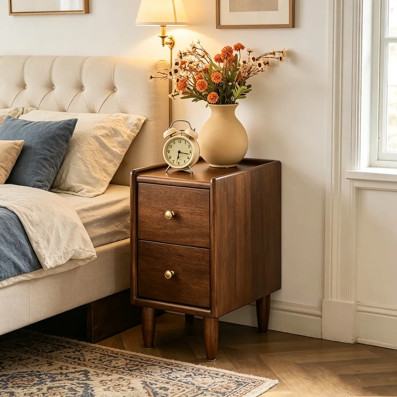 Art Deco Walnut Solid Wood Top 2 Drawer Nightstand with Legs Image - 1 | homeyfad