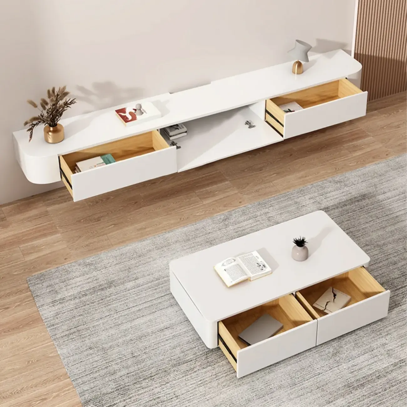 Rectangle White Solid Wood Floating TV Stand with Storage Image - 4 | homeyfad