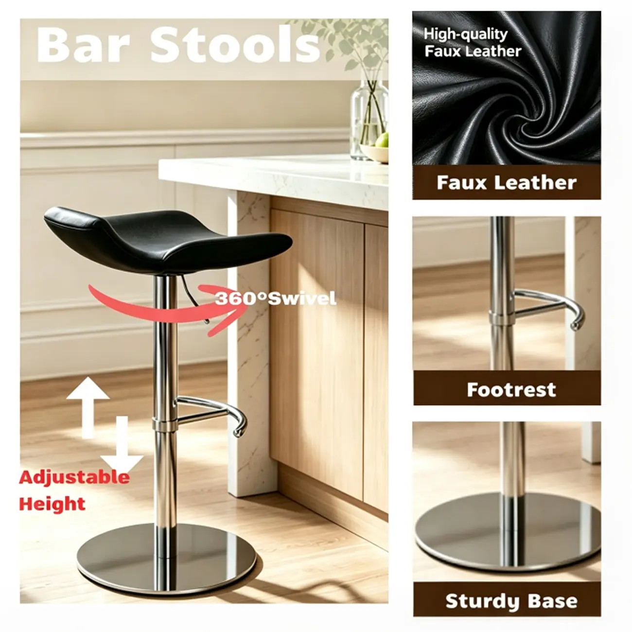 Adjustable Modern Genuine Leather Swivel Bar Stools With Footrest Image - 5 | homeyfad