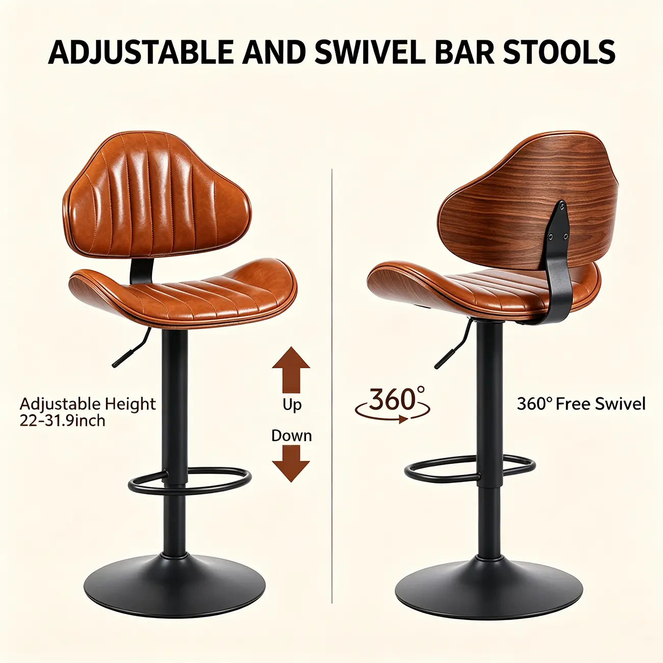 Modern Curved Bentwood Adjustable Swivel Bar Stools Set of 2 Image - 5 | homeyfad