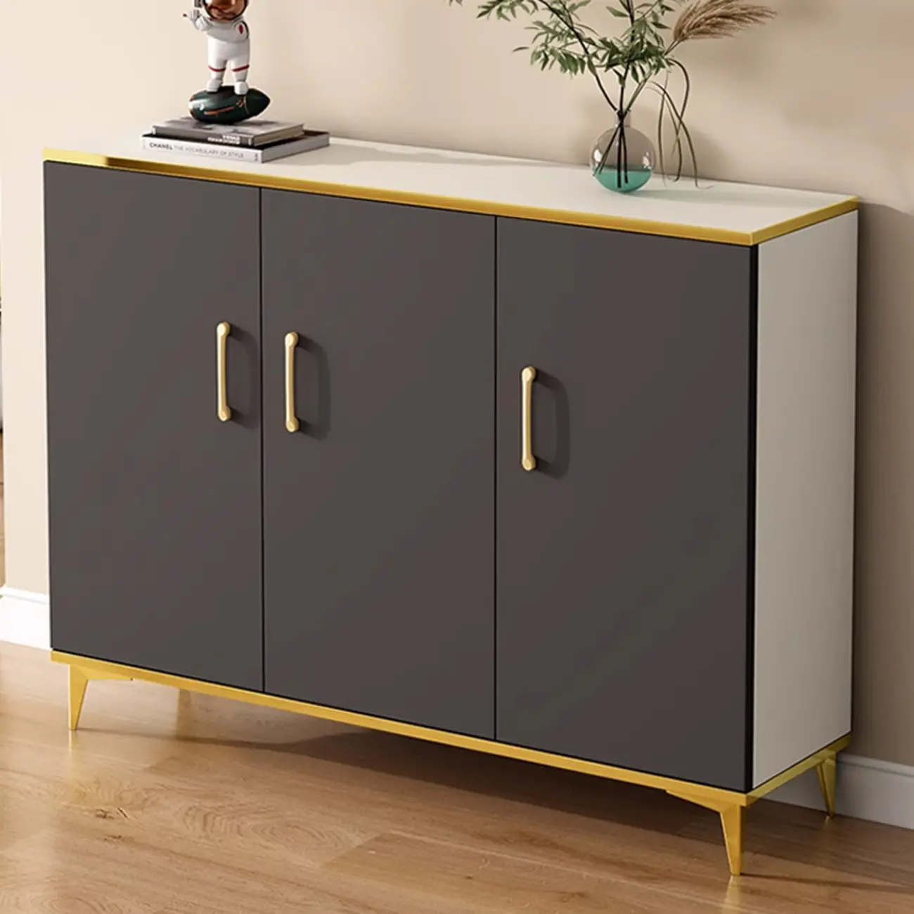 Trendy Grey Wood Hallway Shoe Cabinet with Gold  Legs Image - 1 | homeyfad