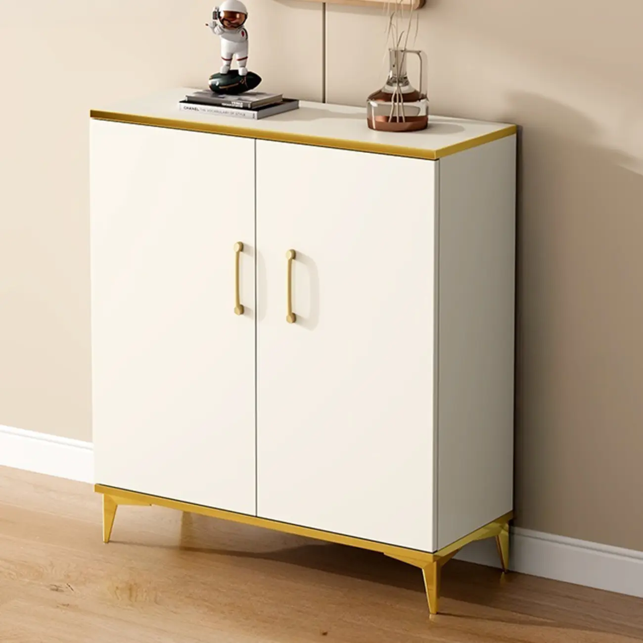 Trendy Grey Wood Hallway Shoe Cabinet with Gold  Legs Image - 2 | homeyfad