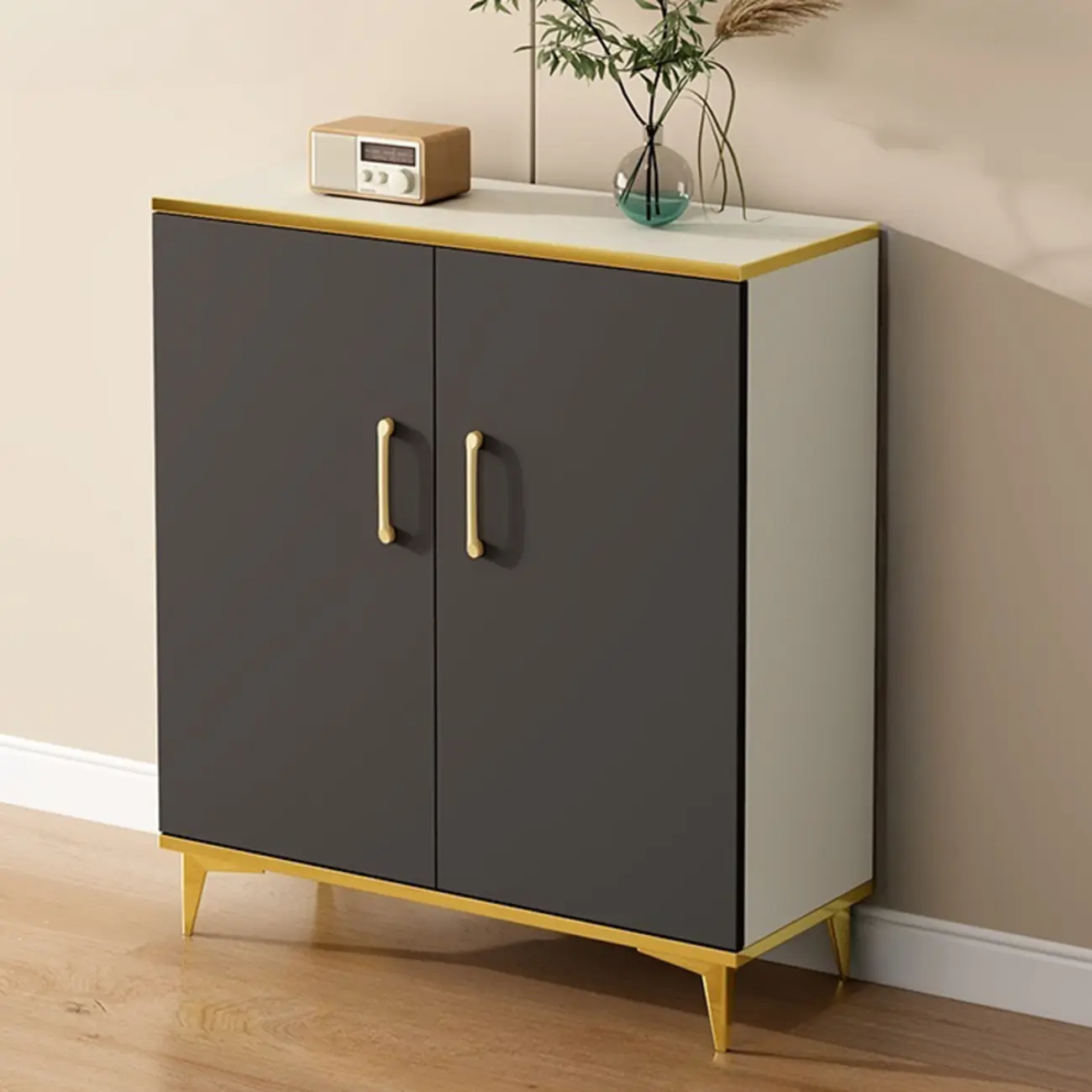 Trendy Grey Wood Hallway Shoe Cabinet with Gold  Legs Image - 3 | homeyfad