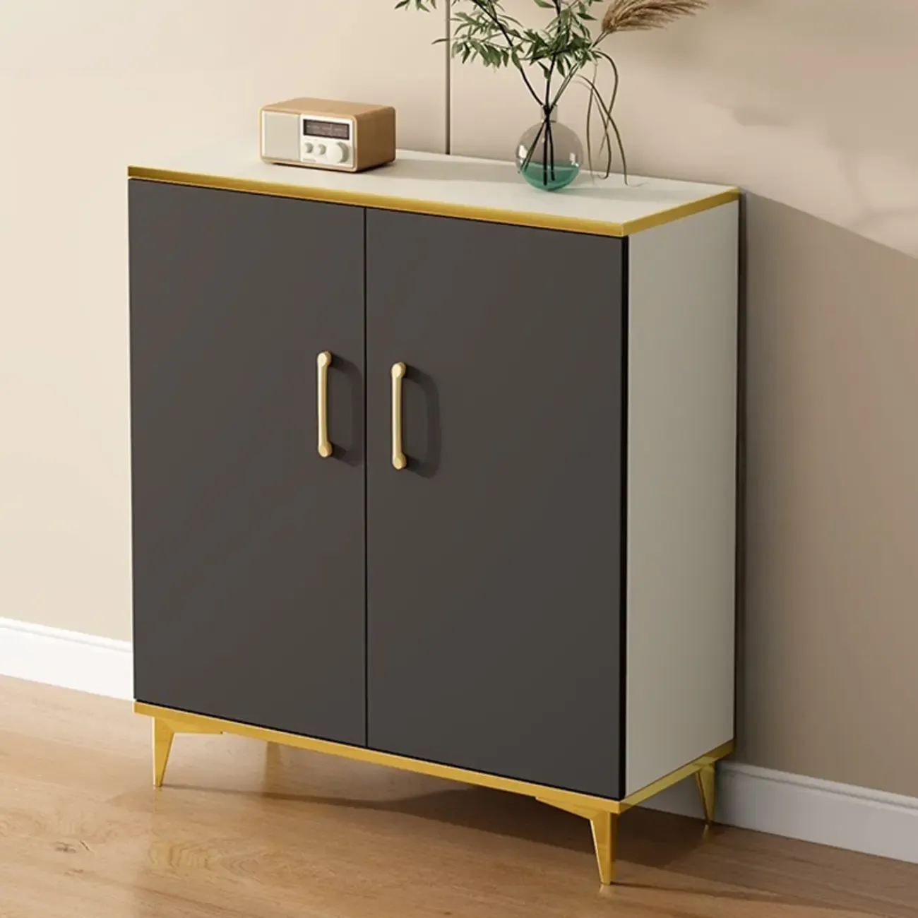 Trendy Grey Wood Hallway Shoe Cabinet with Gold  Legs Image - 3
