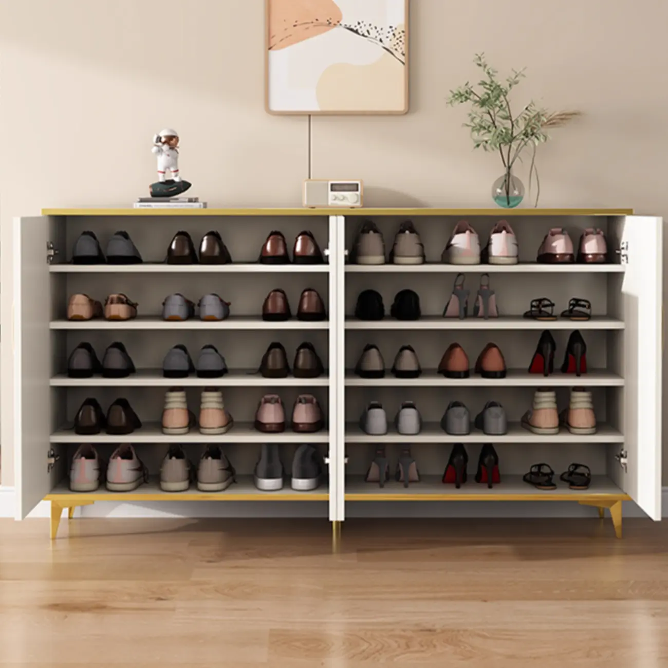 Trendy Grey Wood Hallway Shoe Cabinet with Gold  Legs Image - 5 | homeyfad