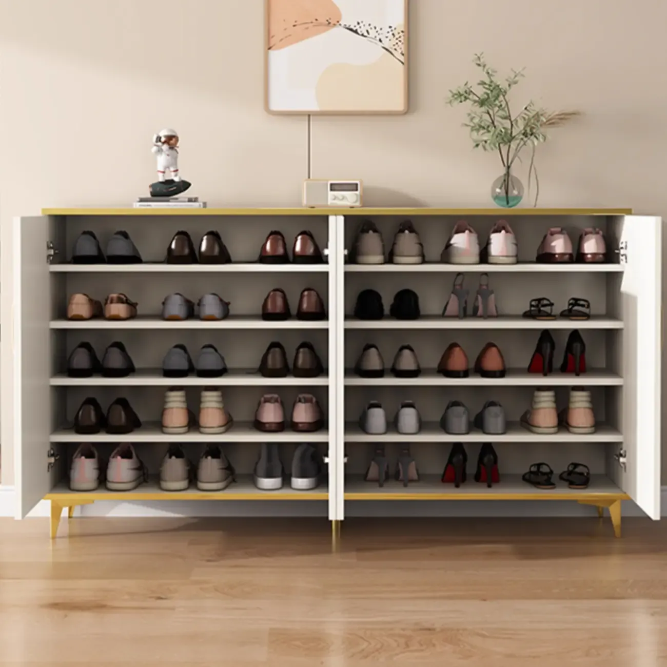 Trendy Grey Wood Hallway Shoe Cabinet with Gold  Legs Image - 5