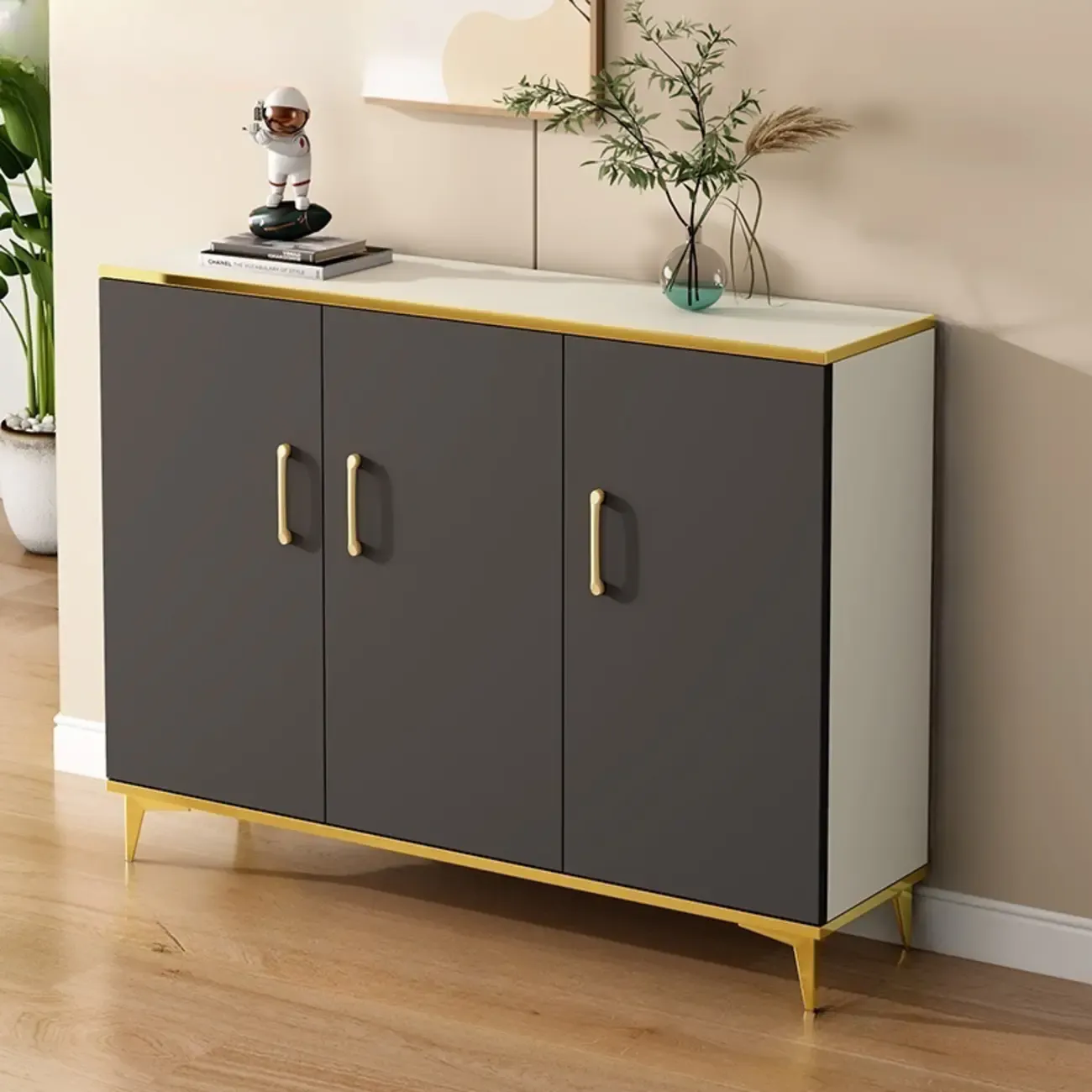 Trendy Grey Wood Hallway Shoe Cabinet with Gold  Legs Image - 9