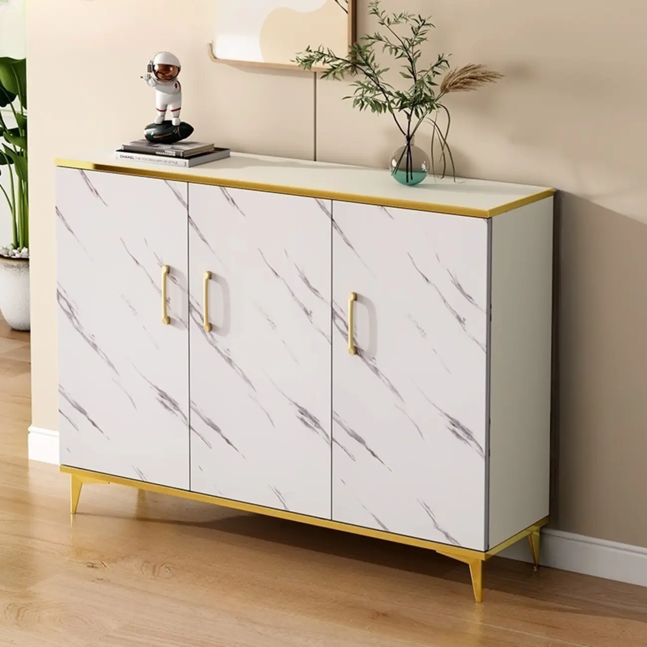 Trendy Grey Wood Hallway Shoe Cabinet with Gold  Legs Image - 12 | homeyfad