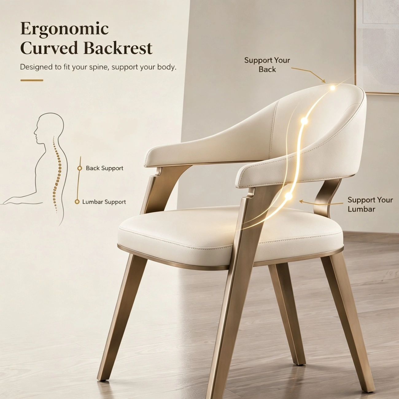 Modern Genuine Leather Champagne Gold Dining Room Arm Chair Image - 5 | homeyfad