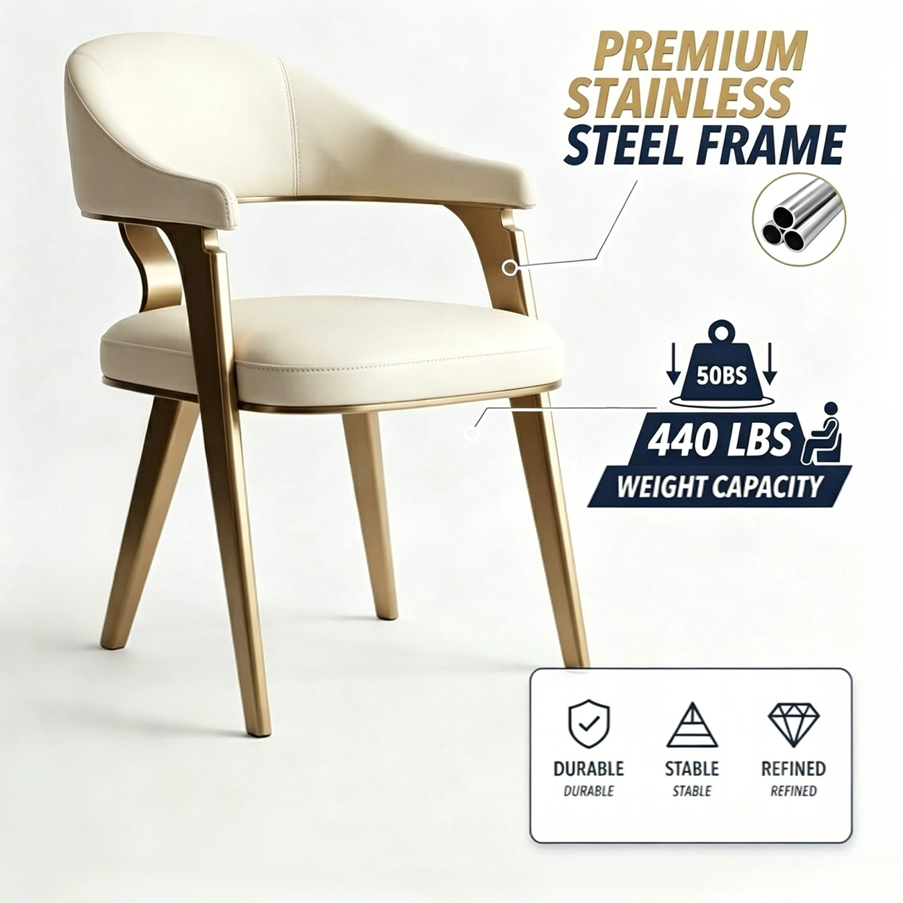 Modern Genuine Leather Champagne Gold Dining Room Arm Chair Image - 8 | homeyfad
