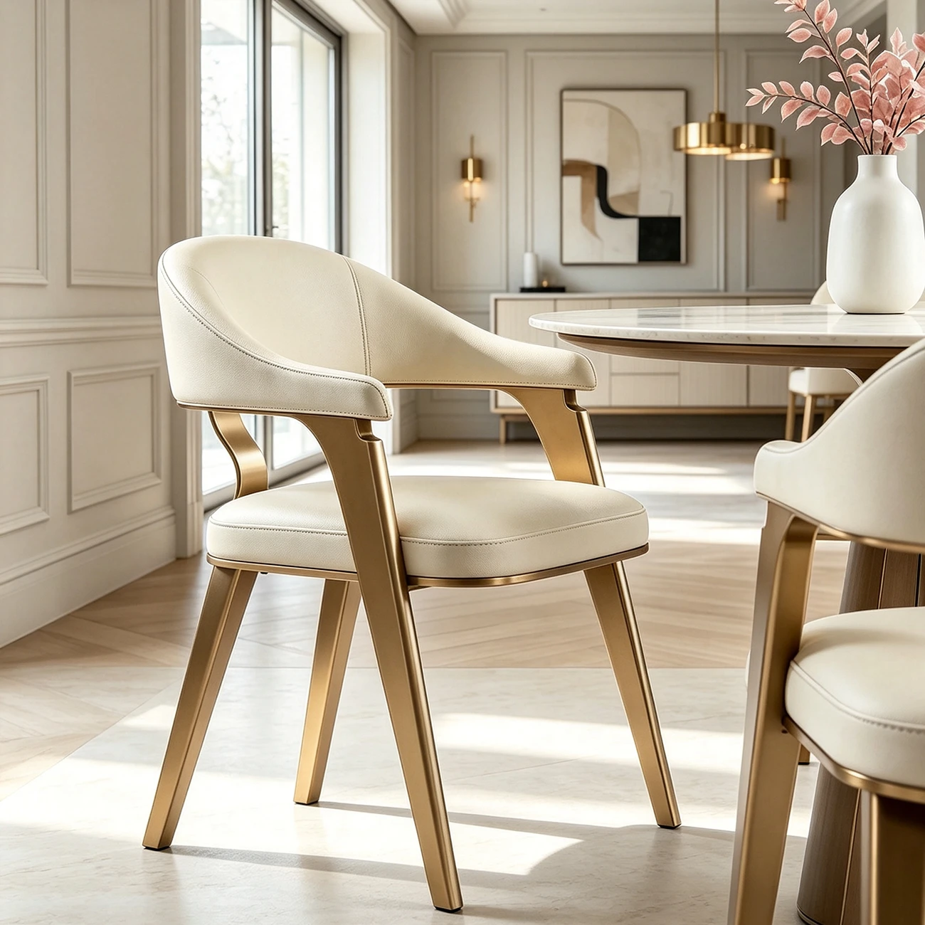 Modern Genuine Leather Champagne Gold Dining Room Arm Chair Image - 1 | homeyfad