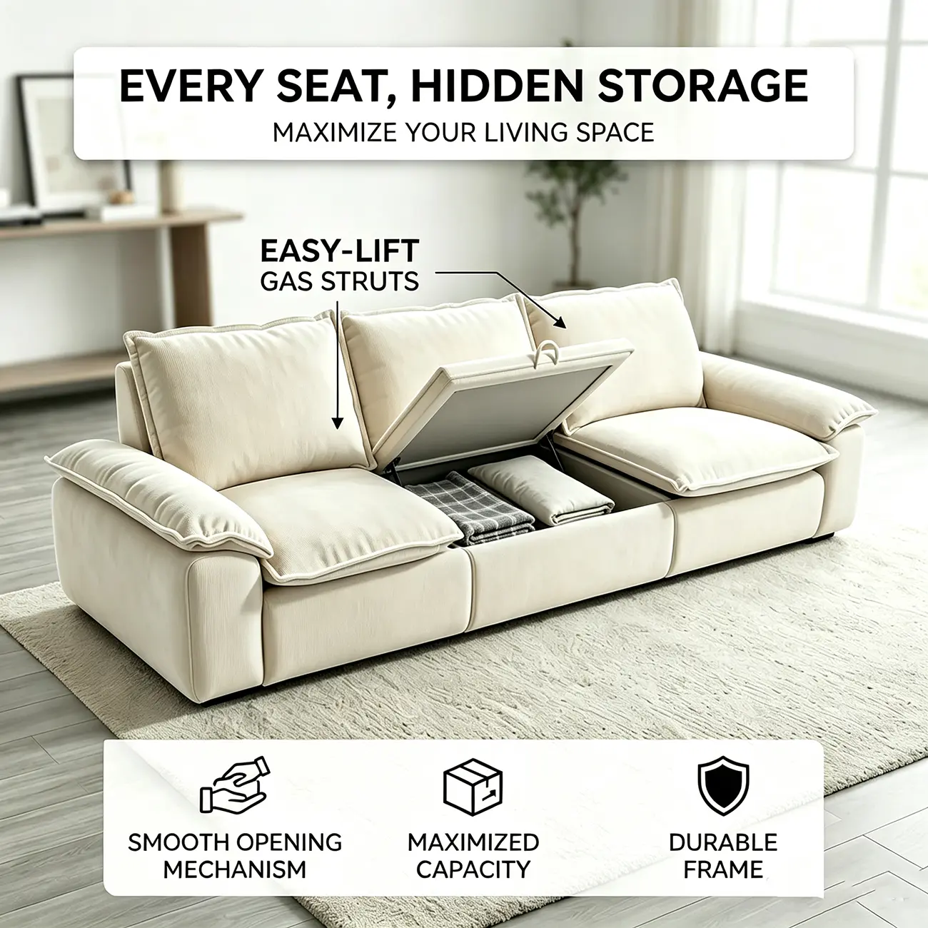 Living Room Modern Chenille Cloud Sectional Sofa With Hidden Storage Image - 4 | homeyfad